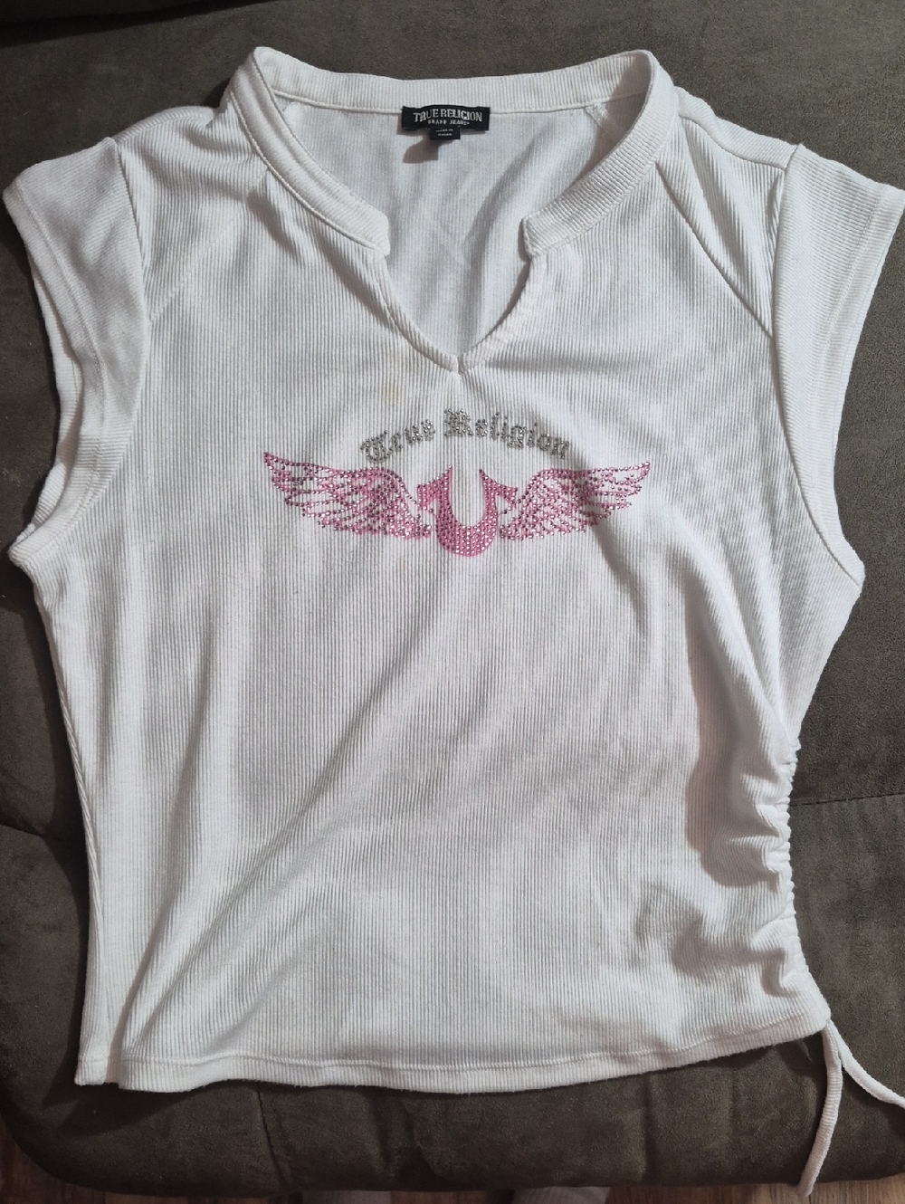 True Religion White Ribbed Tank with Pink Winged Logo